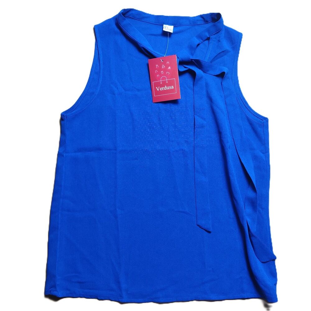 Verdusa Womens Sleeveless Blouse Blue Tie Neck Top Size Small Lightweight